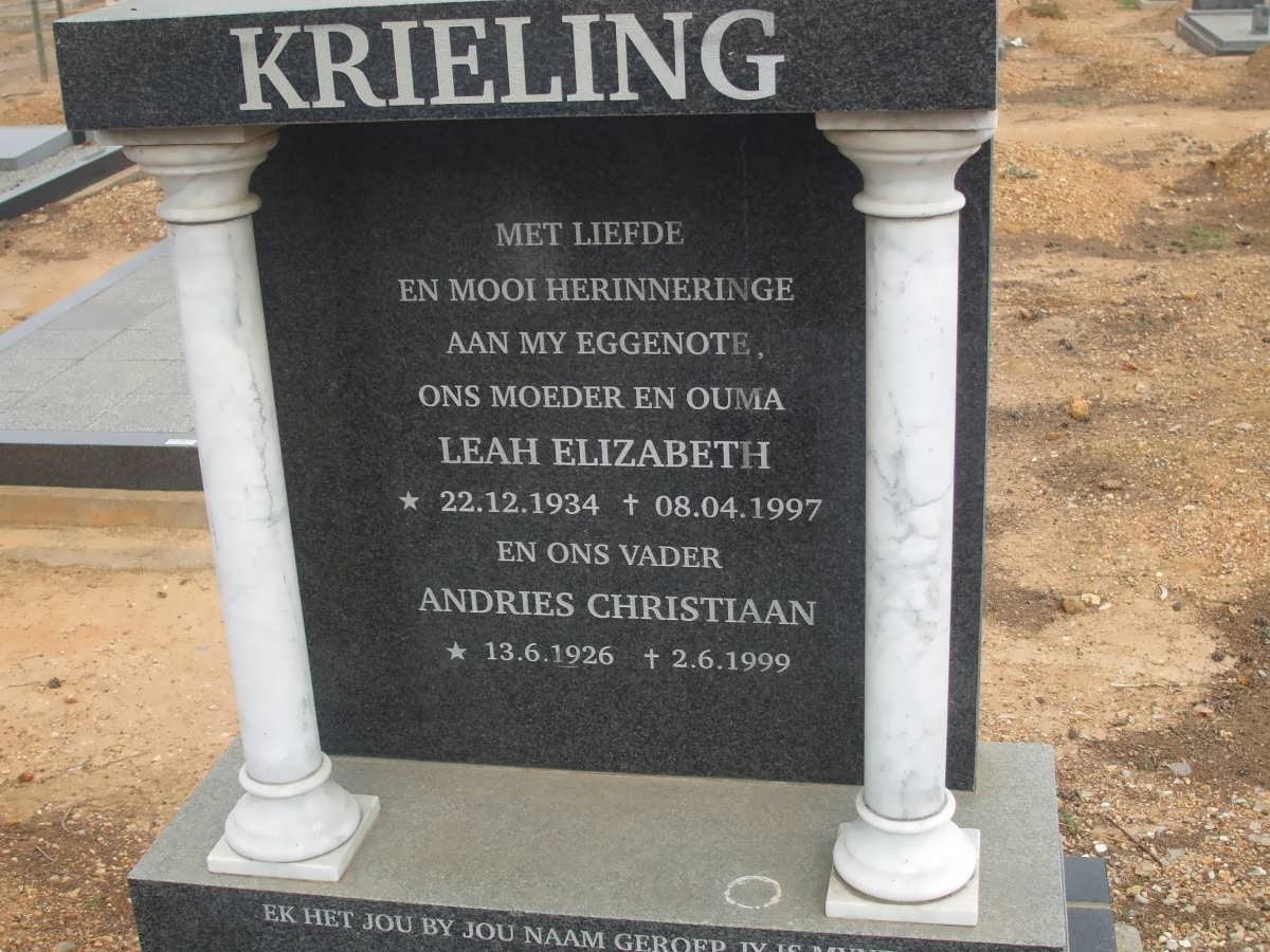 KRIELING Andries Christiaan 1926-1999 &amp; Leah Elizabeth 1934-1997