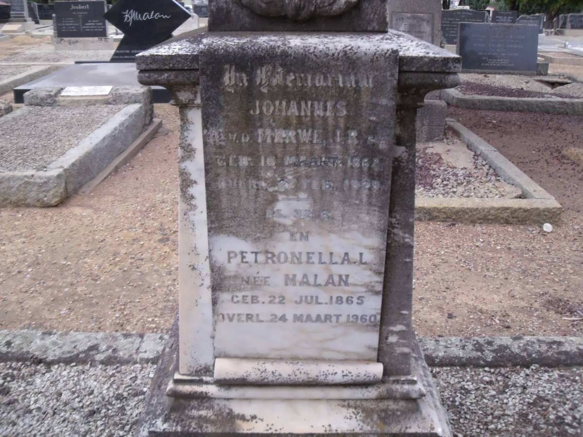 MERWE Johannes J.R., v.d. 1862-1929 &amp; Petronella L. MALAN 1865-1960