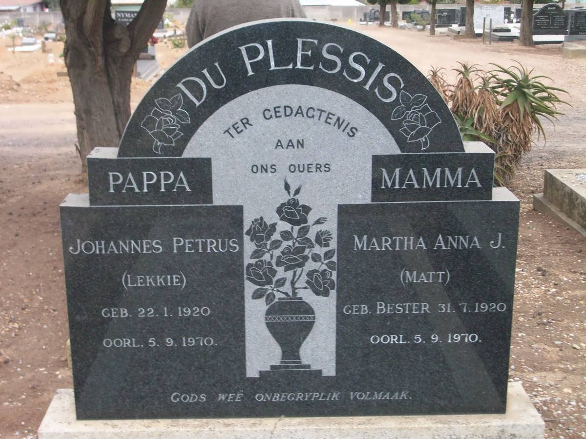 PLESSIS Johannes Petrus, du 1920-1970 &amp; Martha Anna J. BESTER 1920-1970