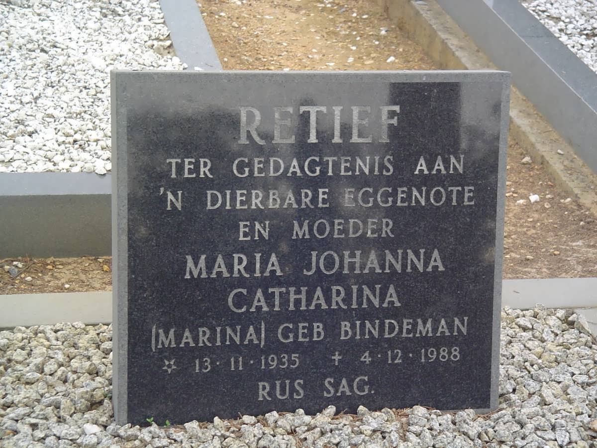 RETIEF Maria Johanna Catharina nee BINDEMAN 1935-1988