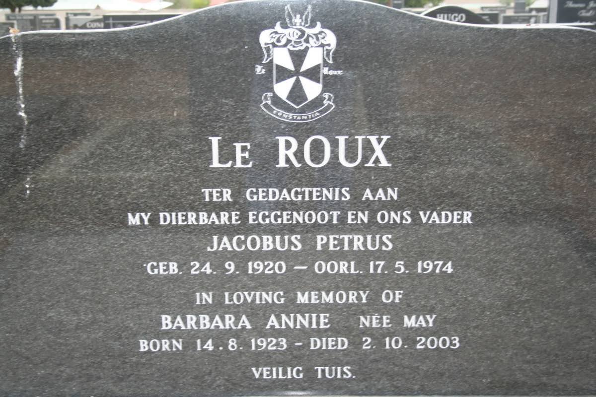 ROUX Jacobus Petrus, le 1920-1974 &amp; Barbara Annie MAY 1923-2003 
