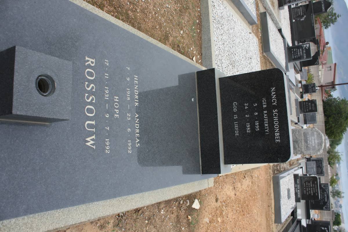 ROSSOUW Hendrik Andreas 1918-1992 :: ROSSOUW Hope 1931-1992 :: SCHOONBEE Nancy nee RAFFERTY 1895-1982