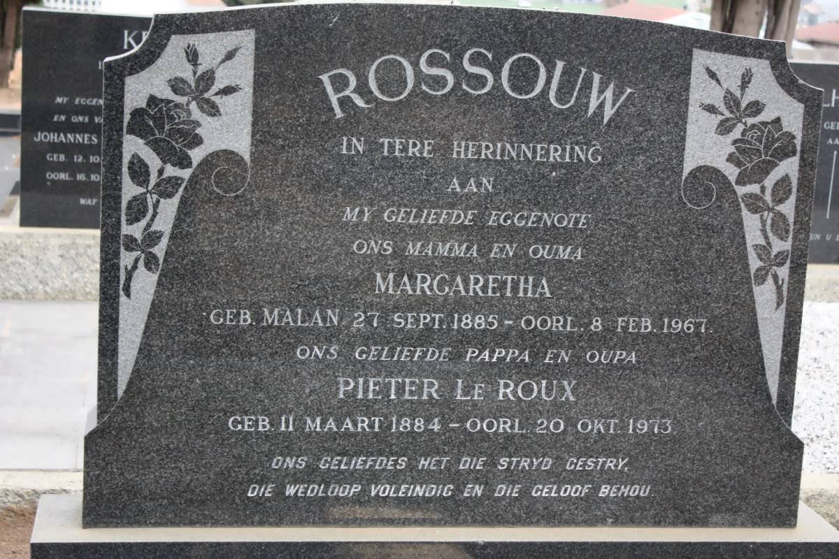 ROSSOUW Pieter Le Roux 1884-1973 &amp; Margaretha MALAN 1885-1967