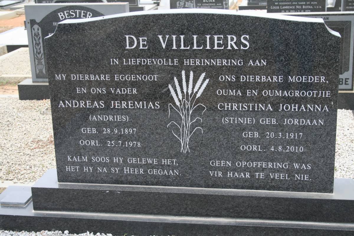 VILLIERS Andreas Jeremias, de 1897-1978 &amp; Christina Johanna JORDAAN 1917-2010