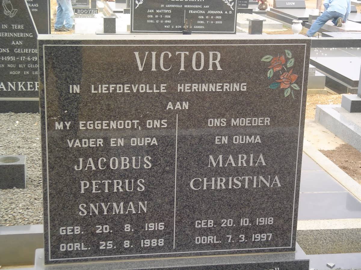 VICTOR Jacobus Petrus Snyman 1916-1988 &amp; Maria Christina 1918-1997
