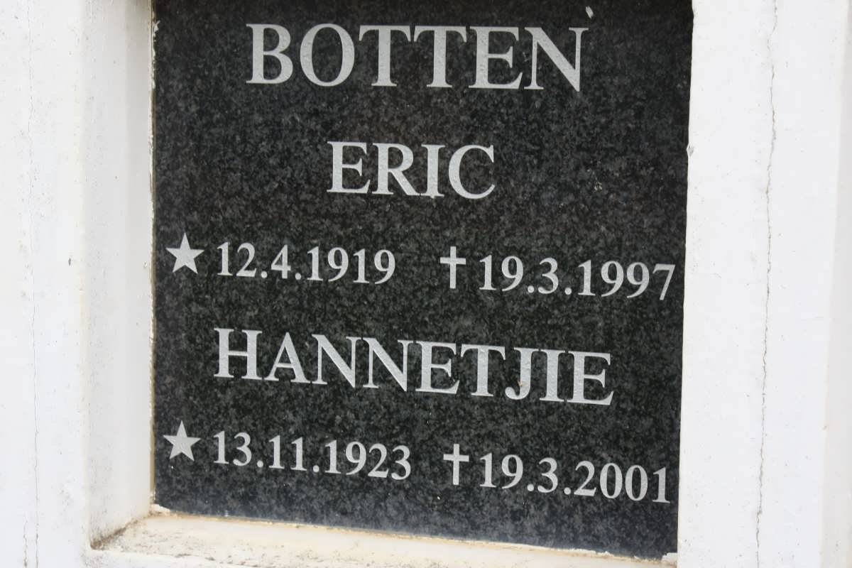 BOTTEN Eric 1919-1997 &amp; Hannetjie 1923-2001