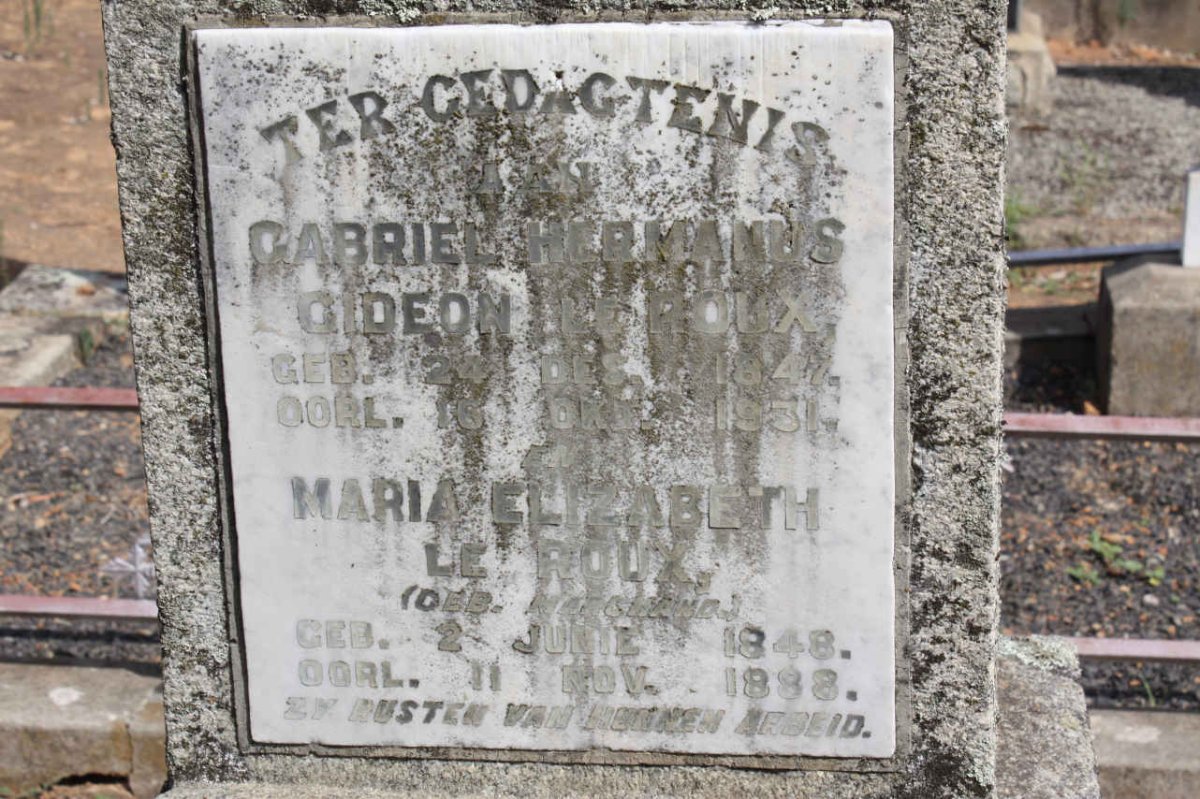 ROUX Gabriel Hermanus Gideon, le 1847-1931 &amp; Maria Elizabeth MARCHAND 1848-1888
