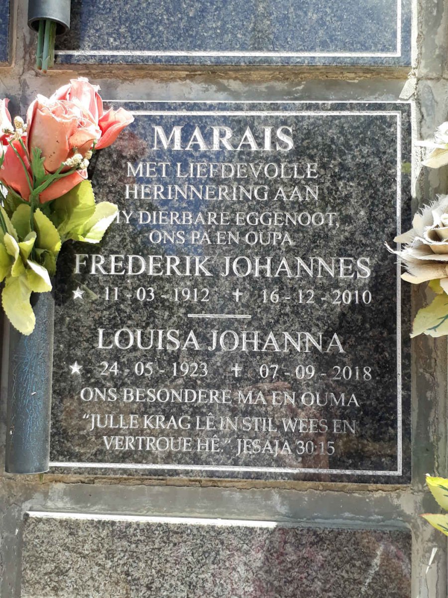 MARAIS Frederick Johannes 1912-2010 &amp; Louisa Johanna 1923-2018