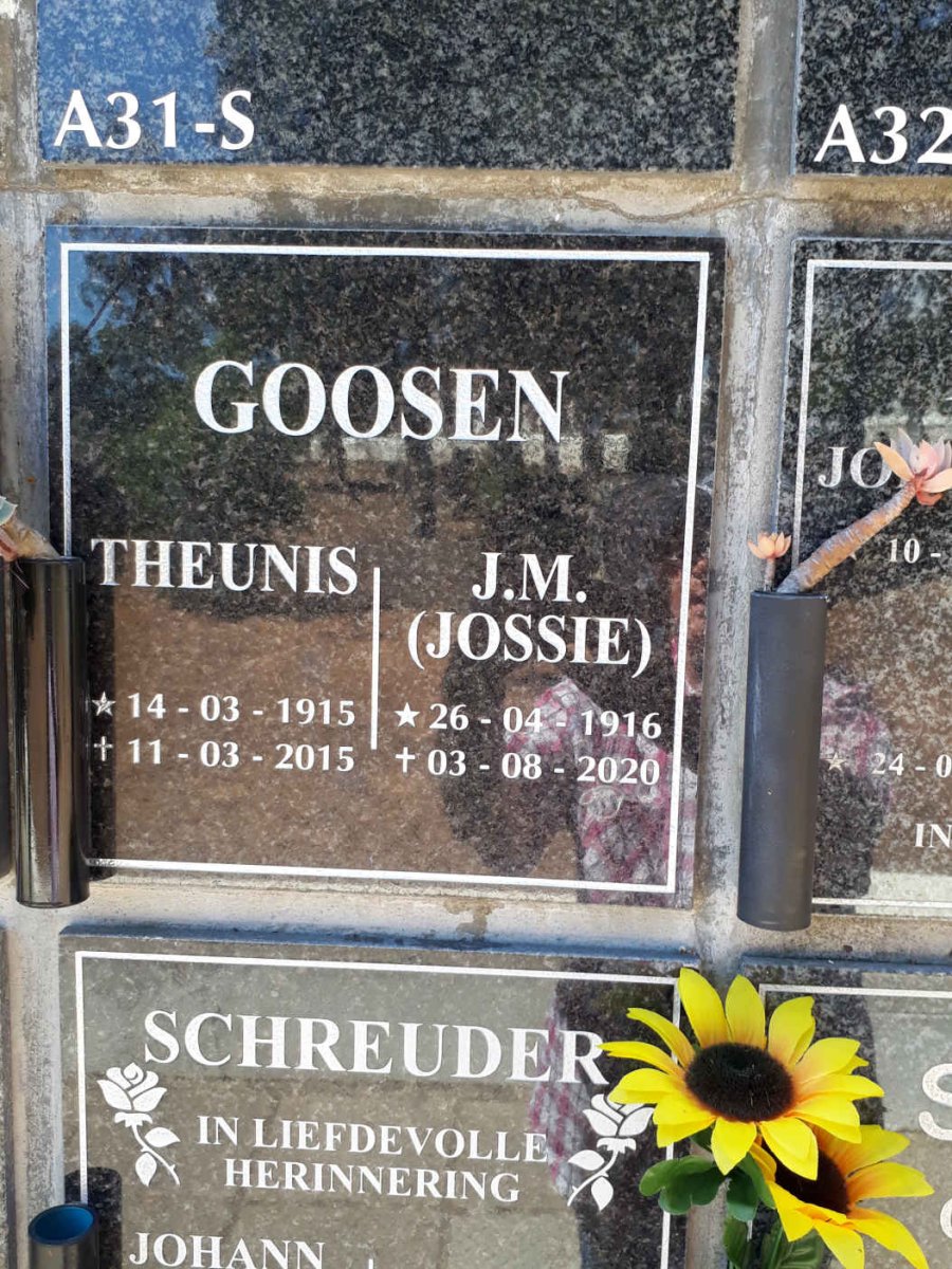 GOOSEN Theunis 1915-2015 &amp; J.M. 1916-2020