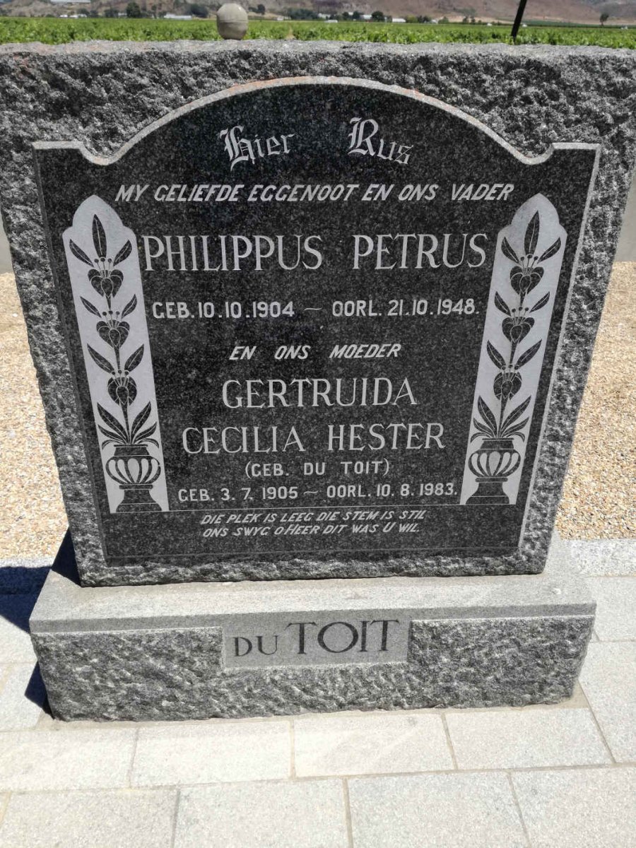 TOIT Philippus Petrus, du 1904-1948 &amp; Gertruida Cecilia Hester DU TOIT 1905-1983