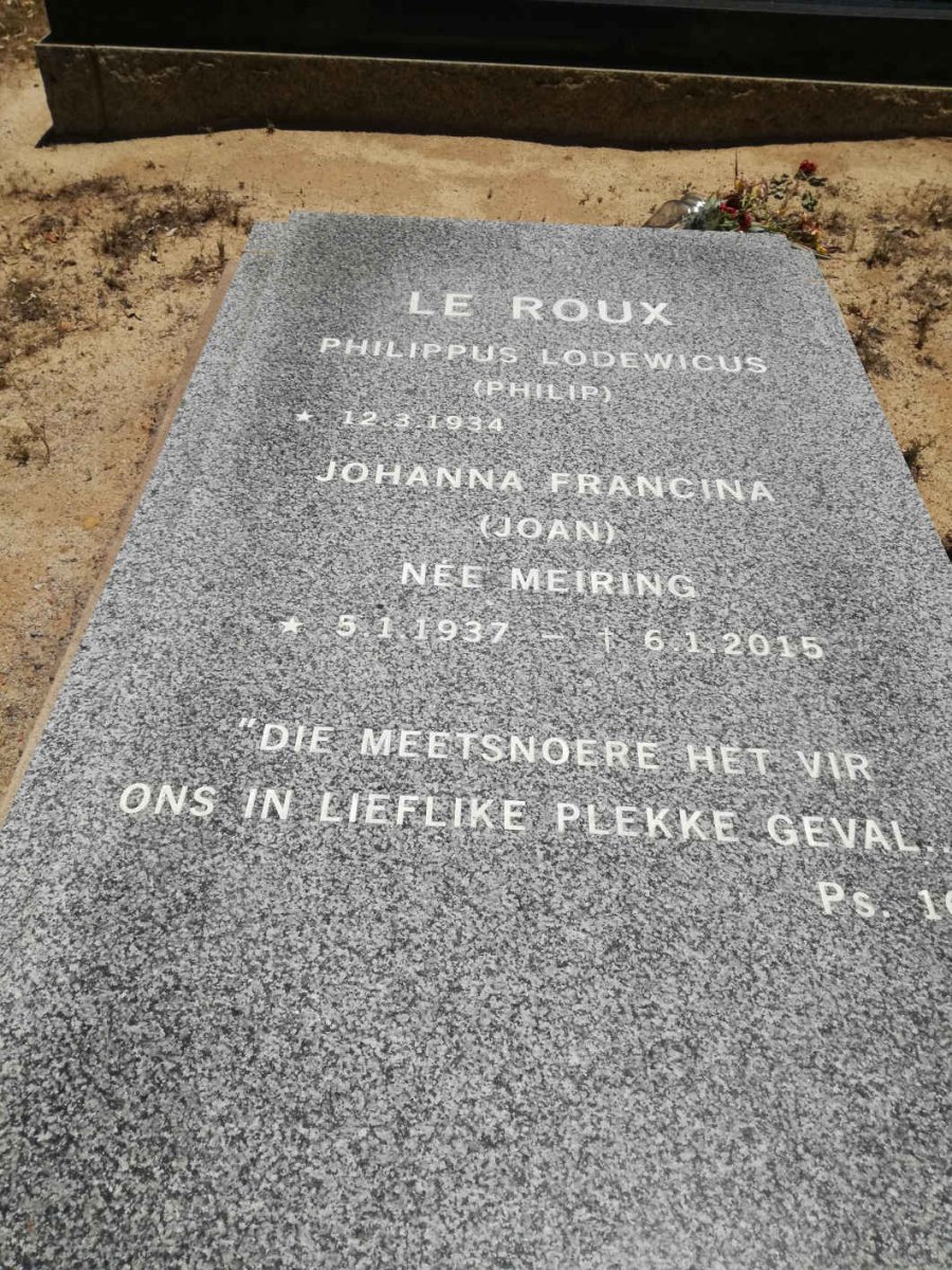 ROUX Philippus Lodewicus, le 1934- &amp; Johanna Francina MEIRING 1937-2015