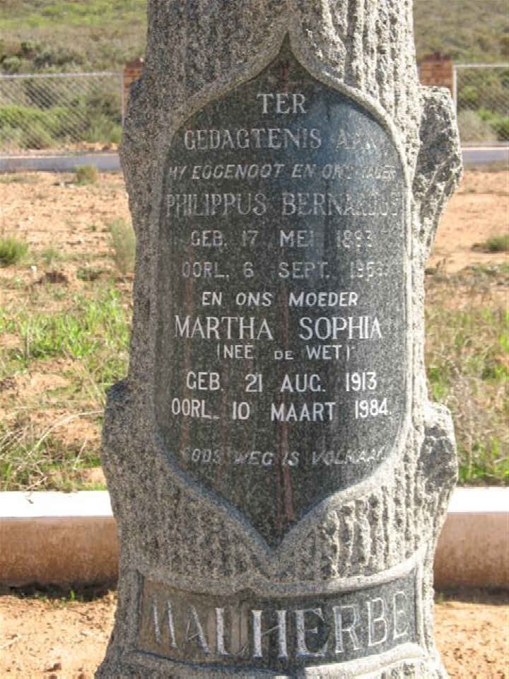 MALHERBE  Philippus Bernardus 1893-1963 &amp; Martha Sophia De wet 1913-1984