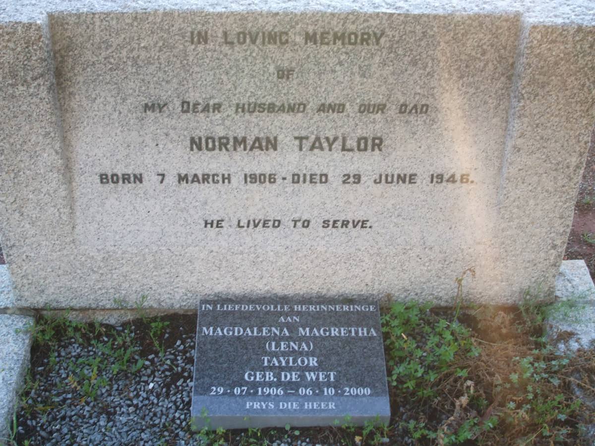 TAYLOR Norman 1906-1946 &amp; Magdalena Magretha DE WET 1906-2000