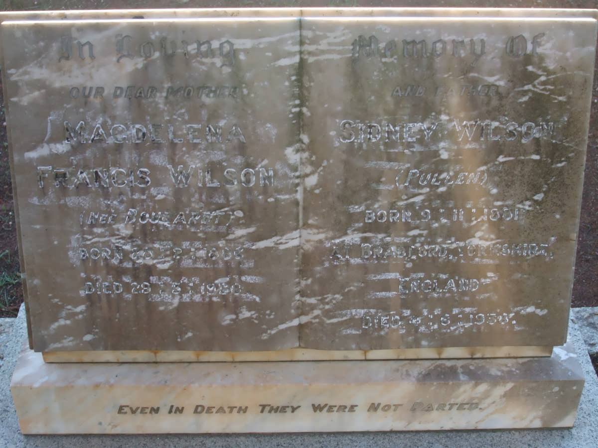 WILSON Sidney 1881-1938 &amp; Magdelena Francis BOUGARDT 1888-1938