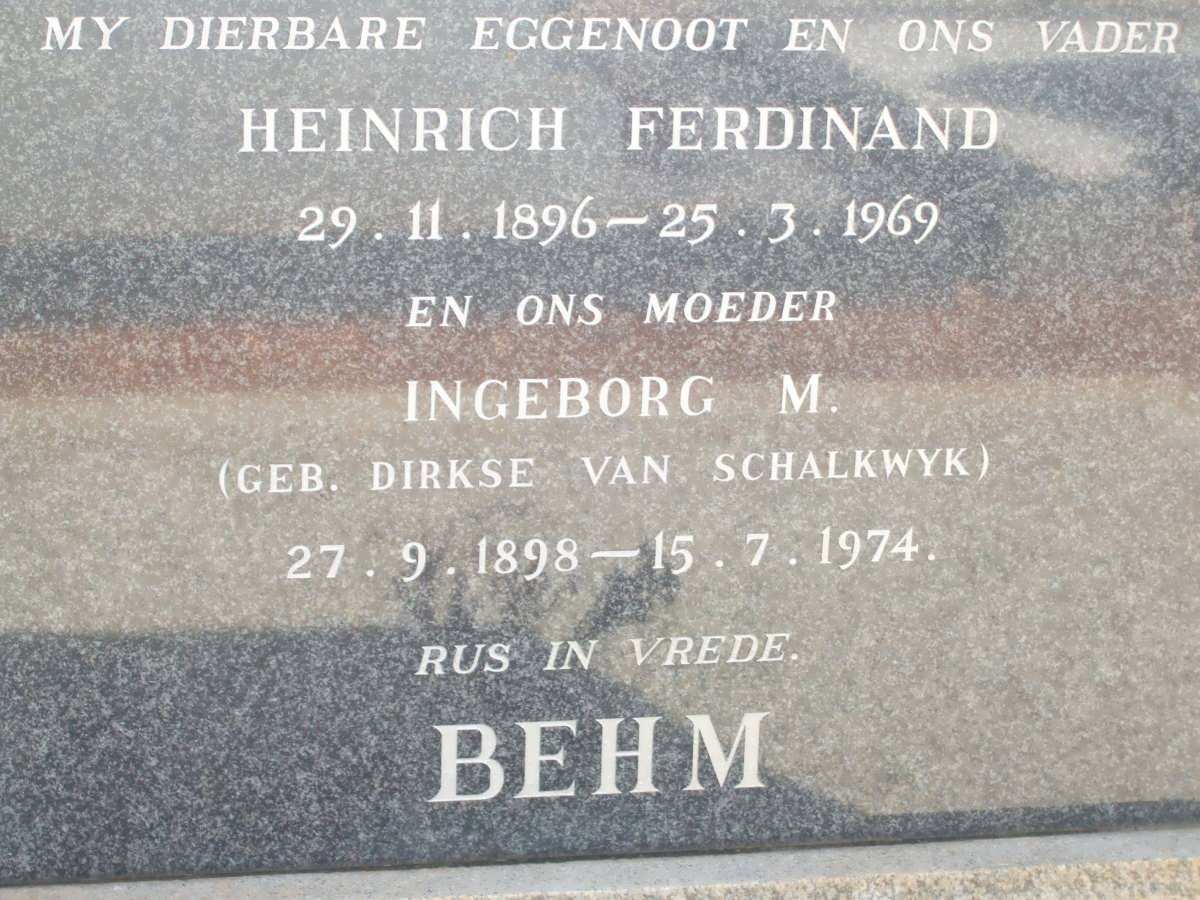 BEHM Heinrich Ferdinand 1896-1969 &amp; Ingeborg M. DIRKSE VAN SCHALKWYK 1898-1974
