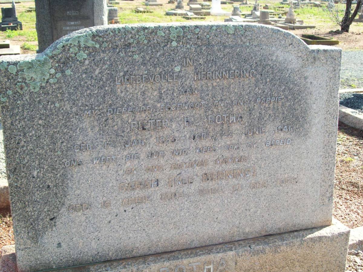BOTHA Pieter B. 1883-1941 &amp; Sarah BERNING 1889-1958