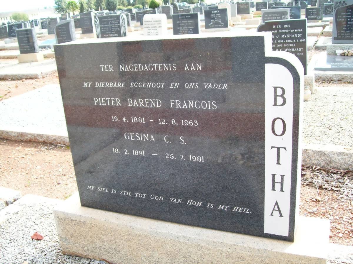 BOTHA Pieter Barend Francois 1881-1963 &amp; Gesina C.S. 1891-1981