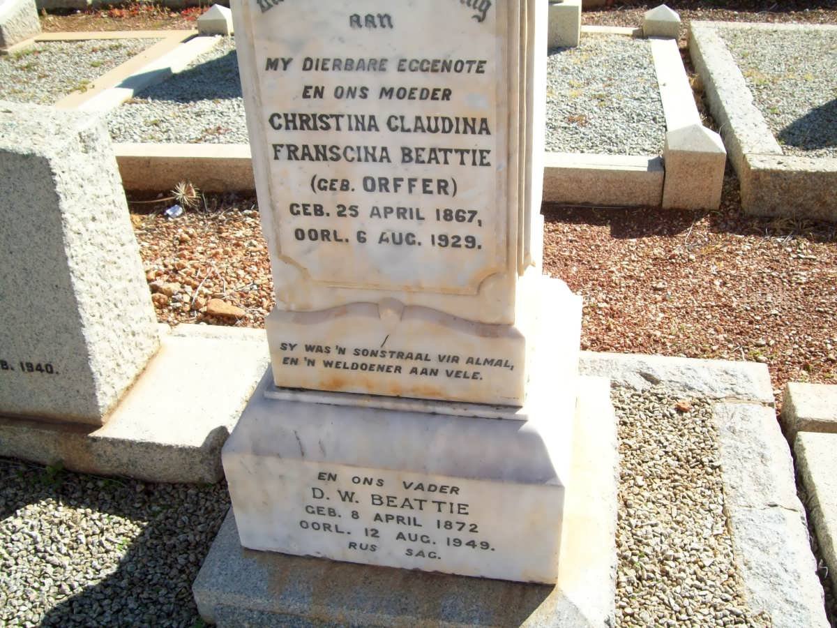 BEATTIE D.W. 1872-1949 &amp; Christina Claudina Franscina ORFFER 1867-1929