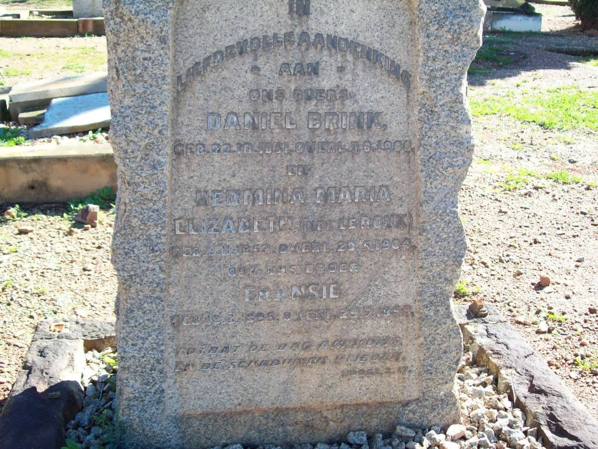 BRINK Daniel 1851-1908 &amp; Hermina Maria Elizabeth LE ROUX 1852-1904 :: BRINK Fransie 1895-1899