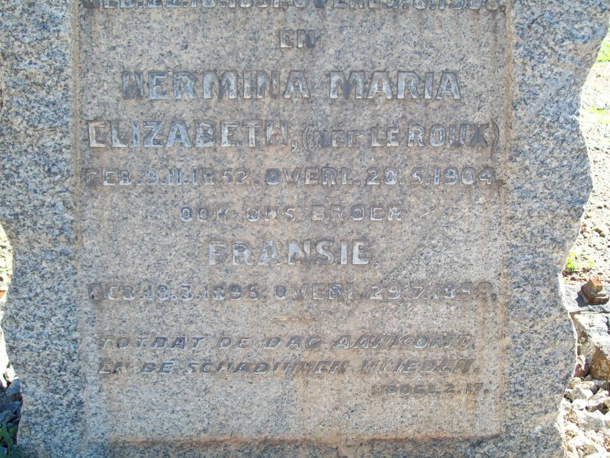 BRINK Daniel 1851-1908 &amp; Hermina Maria Elizabeth LE ROUX 1852-1904 :: BRINK Fransie 1895-1899