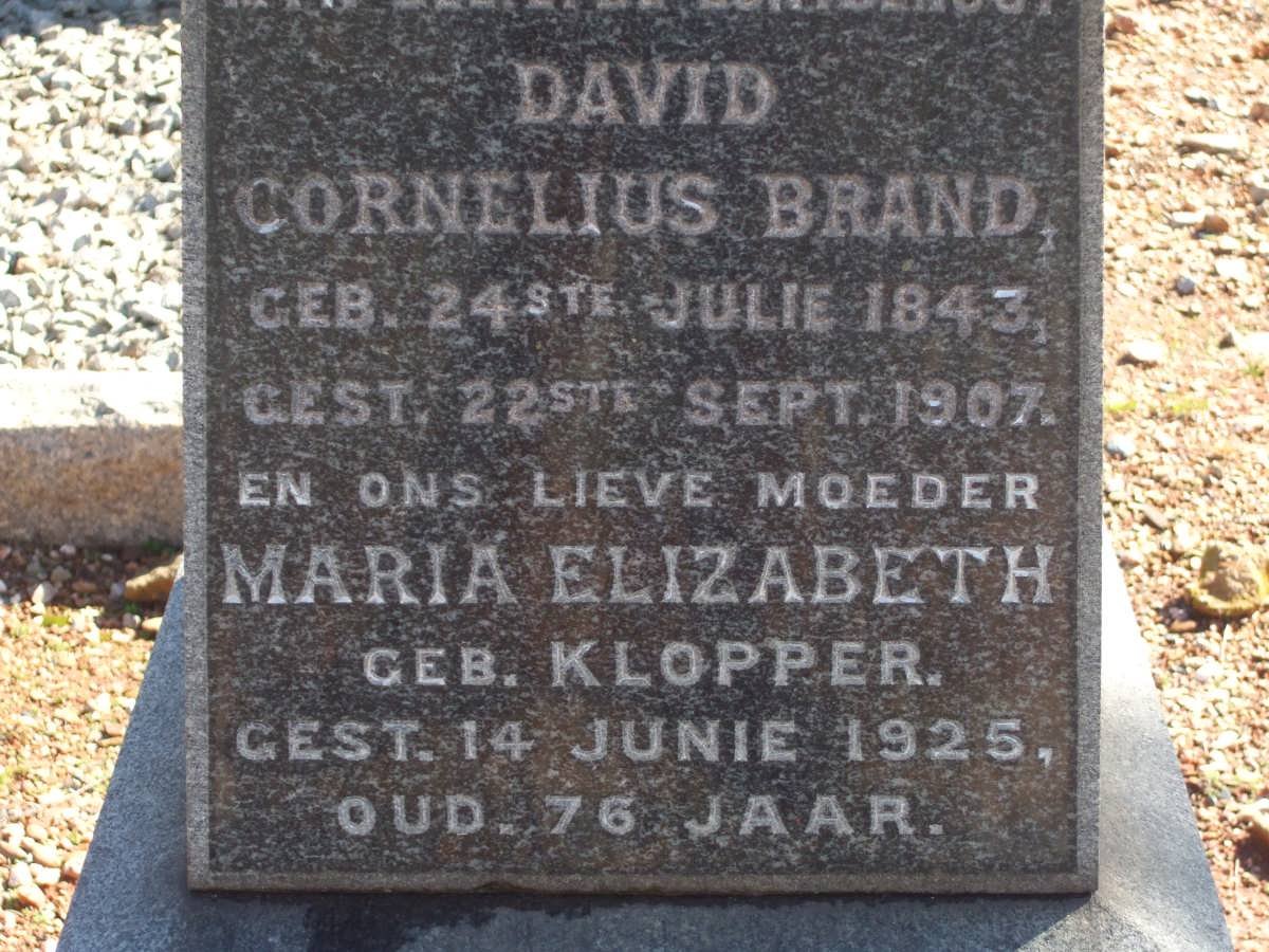 BRAND David Cornelius 1843-1907 &amp; Maria Elizabeth KLOPPER -1925