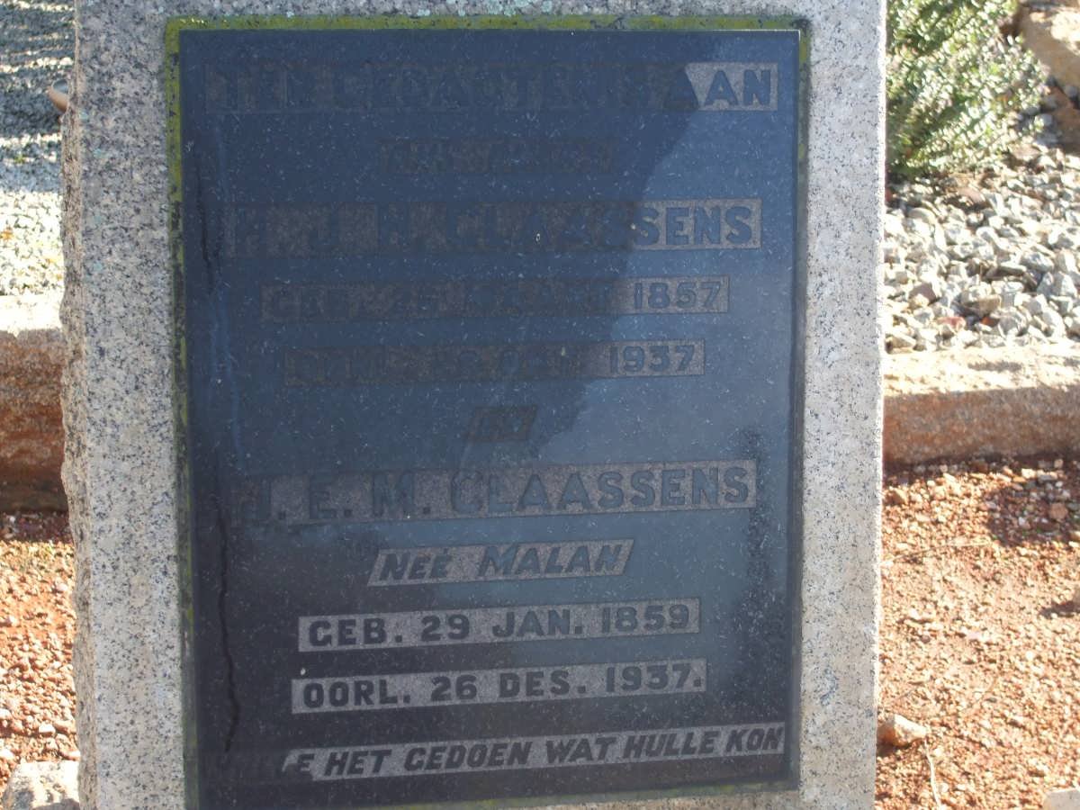 CLAASSENS H.J.H. 1857-1937 &amp; J.E.M. MALAN 1859-1937