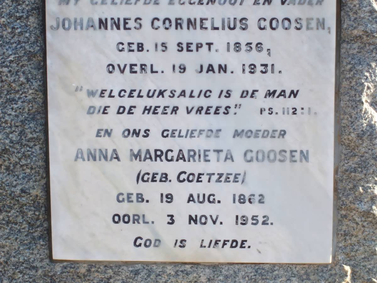 GOOSEN Johannes Cornelius 1856-1931 &amp; Anna Margaretha COETZEE 1862-1952