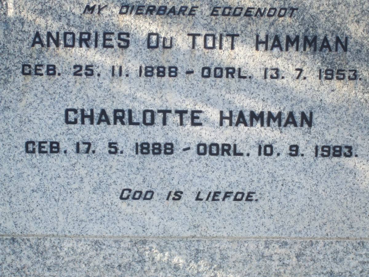 HAMMAN Andries du Toit 1888-1953 &amp; Charlotte 1888-1983