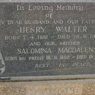 HAMMOND Henry Walter 1881-1955 &amp; Salomina Magdalena DE PREEZ 1892-1966