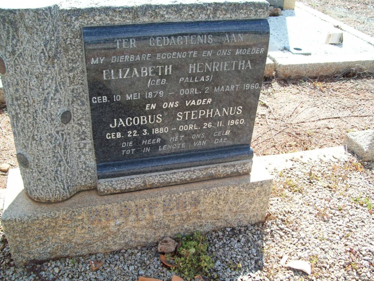 KLOPPERS Jacobus Stephanus 1880-1960 &amp; Elizabeth Henrietha PALLAS 1879-1960