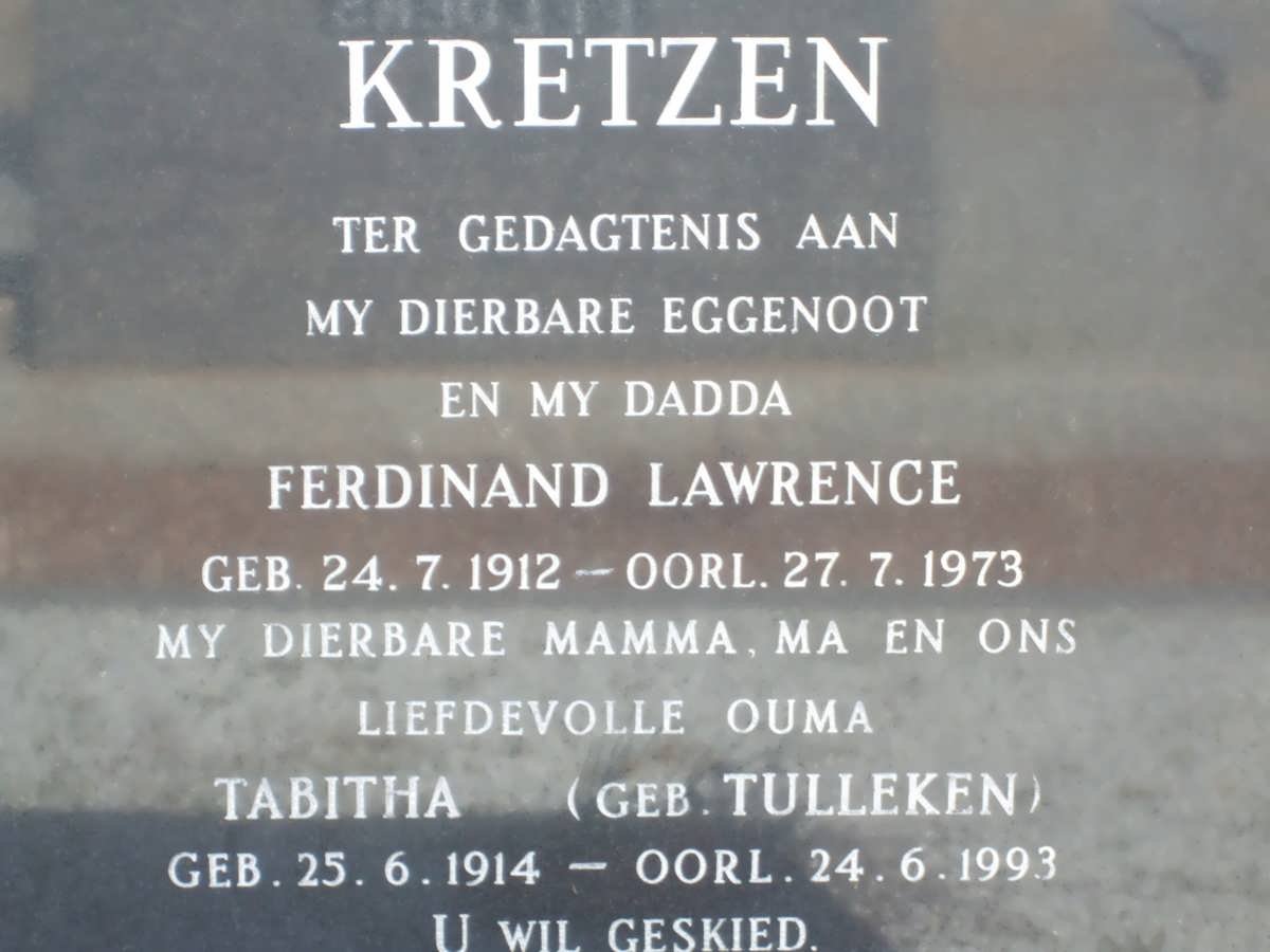 KRETZEN Ferdinand Lawrence 1912-1972 &amp; Tabitha TULLEKEN 1914-1993