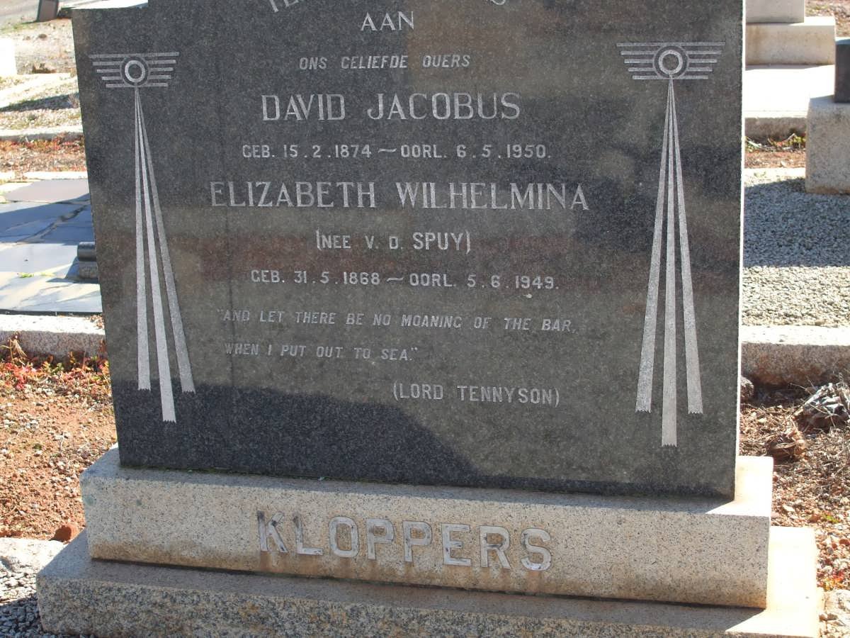 KLOPPERS David Jacobus 1874-1950 &amp; Elizabeth Wilhelmina V.D. SPUY 1868-1949