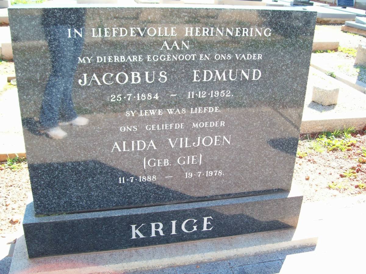 KRIGE Jacobus Edmund 1884-1952 &amp; Alida VILJOEN nee GIE 1888-1978