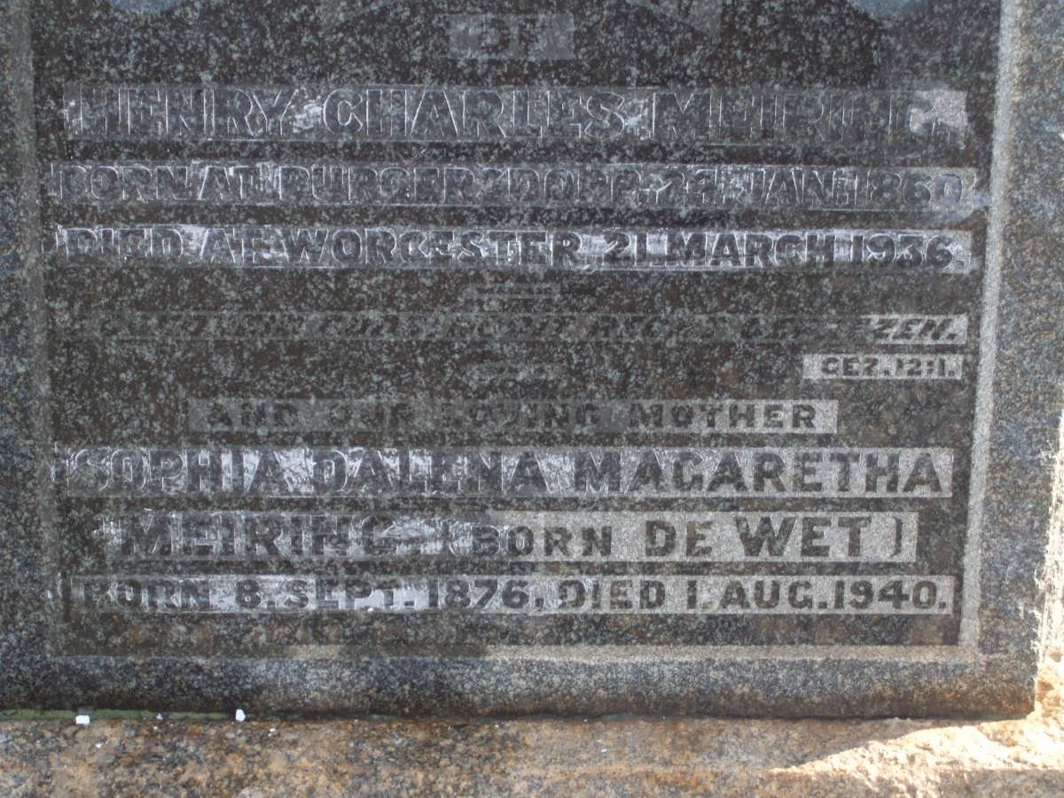 MEIRING Henry Charles 1860-1936 &amp; Sophia Dalena DE WET 1876-1940
