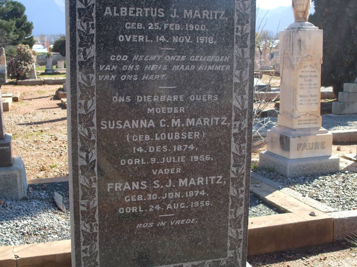 MARITZ Frans S.J. 1874-1956 &amp; Susanna C.M. LOUBSER 1874-1956 :: MARITZ Albertus 1900-1918