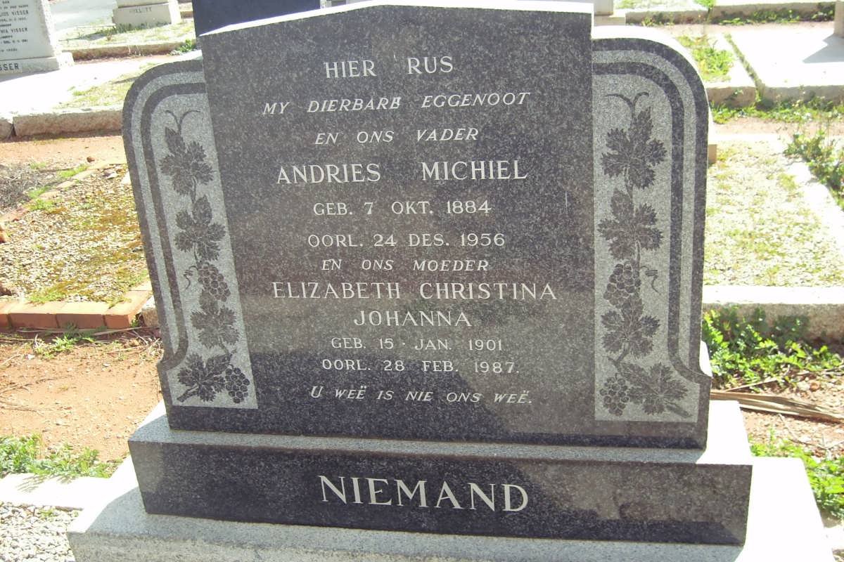 NIEMAND Andries Michiel 1884-1956 &amp; Elizabeth Christina Johanna 1901-1987