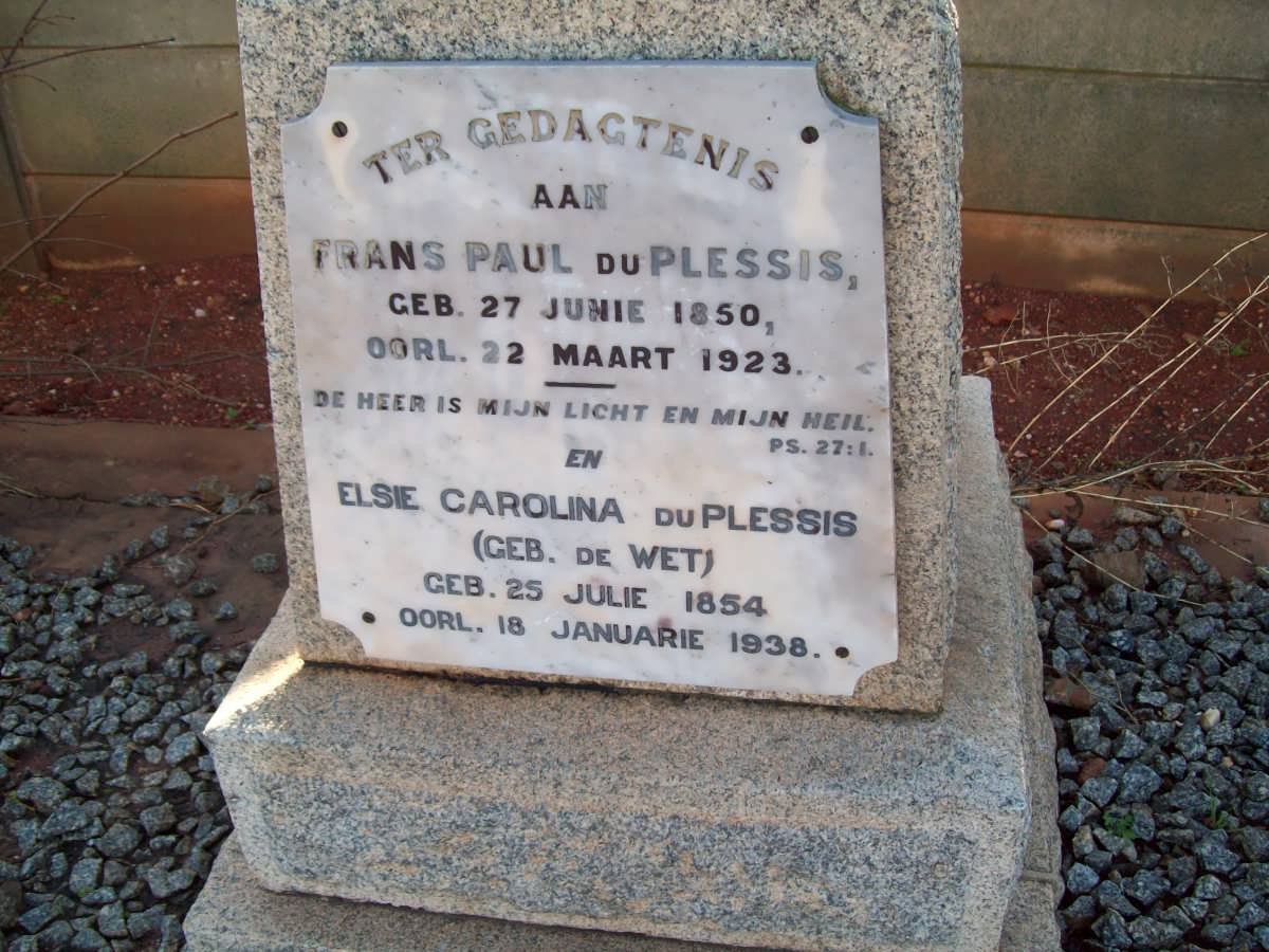 PLESSIS Frans Paul, du 1850-1923 &amp; Elsie Carolina DE WET 1854-1938