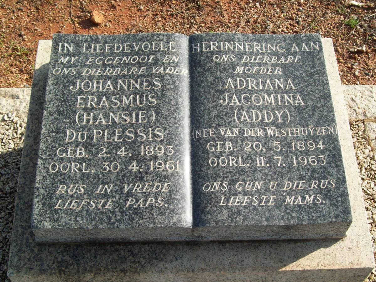 PLESSIS Johannes Erasmus, du 1893-1961 &amp; Adriana Jacomina VAN DER WESTHUYZEN 1894-1963
