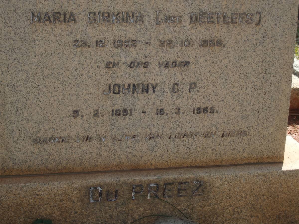 PREEZ Johnny C.P., du 1891-1965 &amp; Maria Cirkina DEEFLEFS 1892-1958