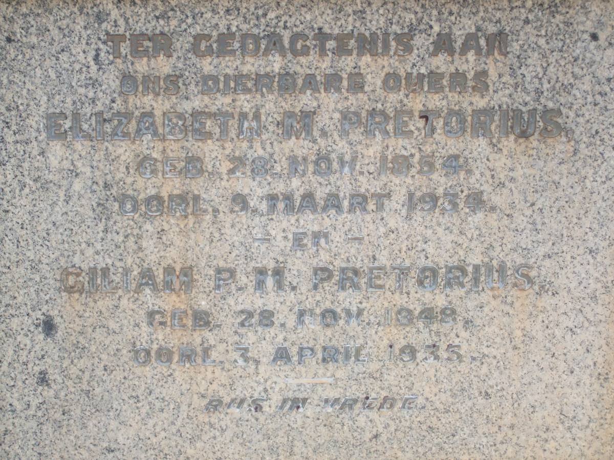 PRETORIUS Giliam P.M. 1848-1933 &amp; Elizabeth M. 1854-1934