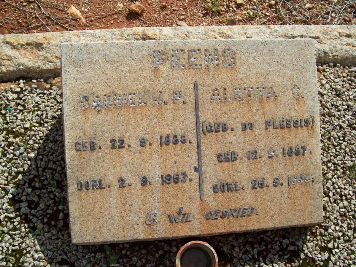 PEENS Gabriel J.P. 1888-1953 &amp; Aletta C. DU PLESSIS 1887-1966