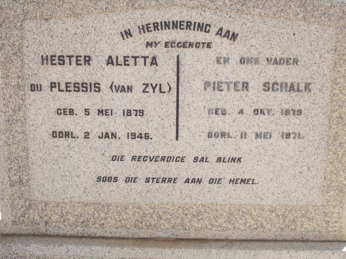 PLESSIS Pieter Schalk, du 1879-1971 &amp; Hester Aletta VAN ZYL 1879-1946