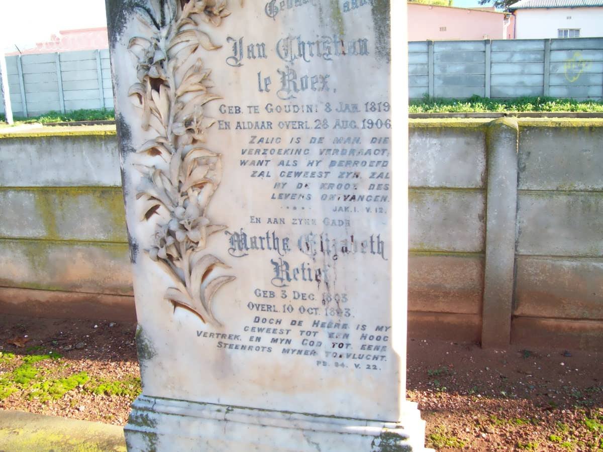 ROEX Jan Christian, le 1819-1906 &amp; Martha Elizabeth Retief 1803-18?3