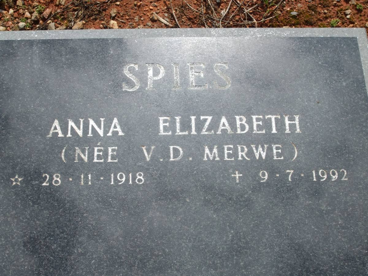 SPIES Anna Elizabeth nee V.D. MERWE 1918-1992