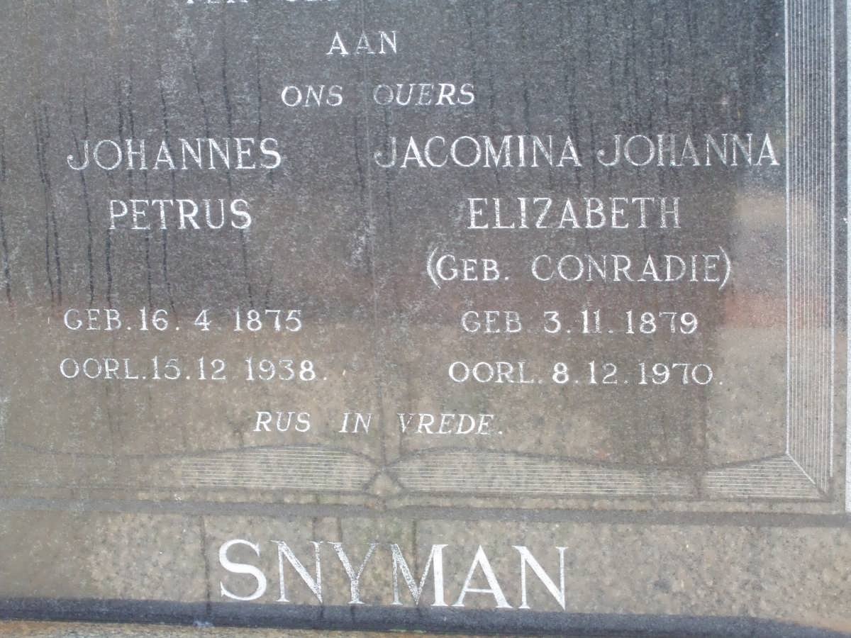 SNYMAN Johannes Petus 1875-1938 &amp; Jacomina Johanna CONRADIE 1879-1970