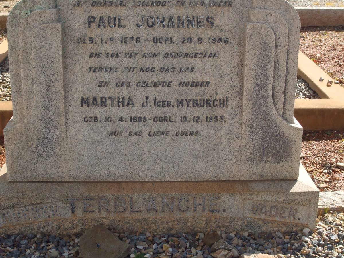 TERBLANCHE Paul Johannes 1876-1946 &amp; Martha J. MYBURGH 1880-1953