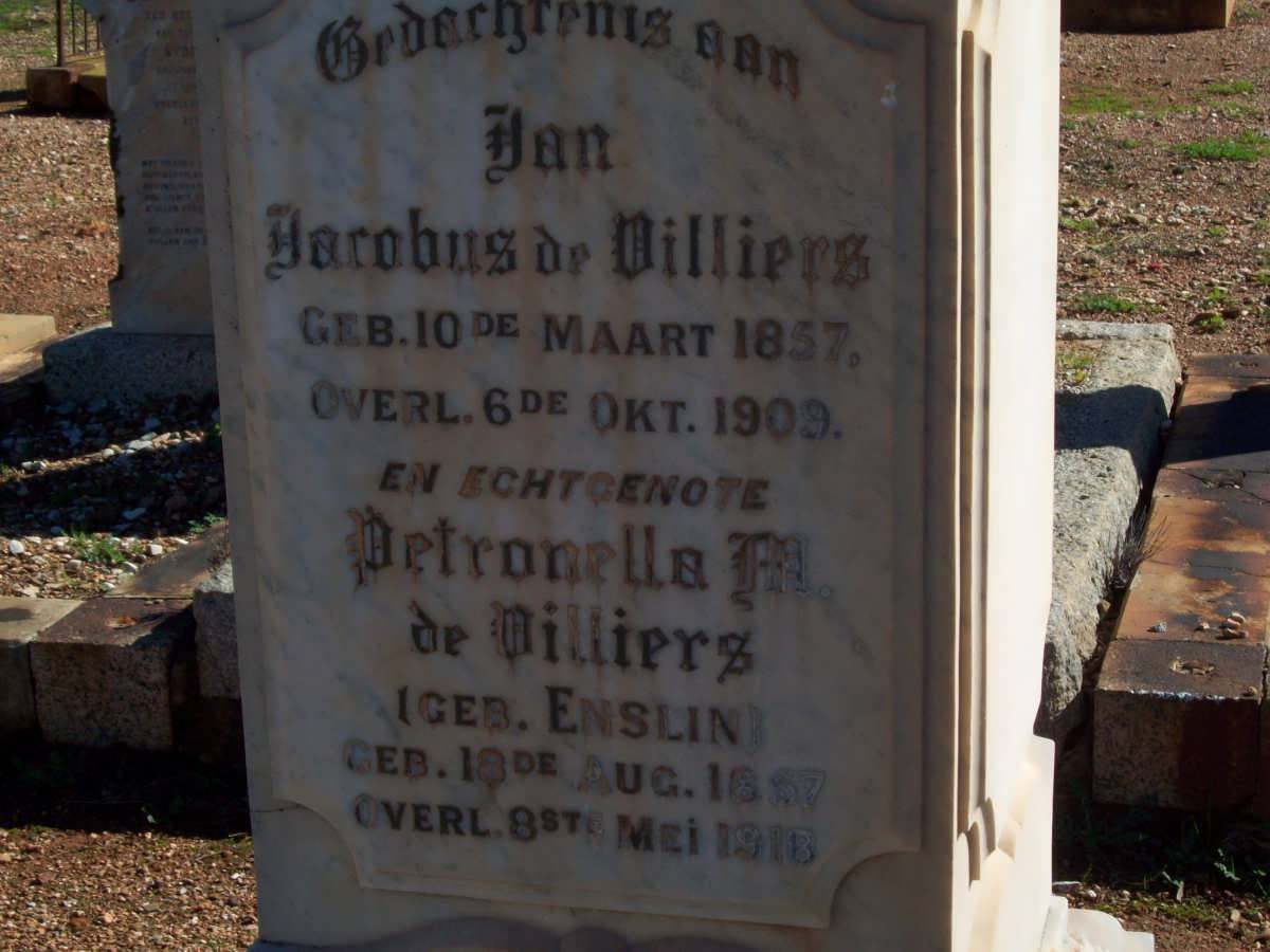 VILLIERS Jan Jacobus, du 1857-1909 &amp; Petronella M. ENSLIN 1857-1918