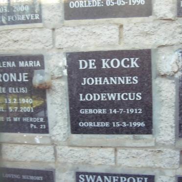 CRONJE Magdalena Maria nee ELLIS 1940-2001 :: DE KOCK Johannes Lodewicus 1912-1996