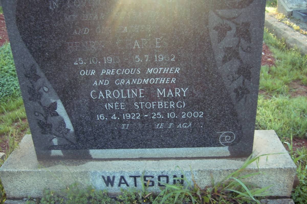 WATSON Henry  Charles 1913-1962 &amp; Caroline Mary STOFBERG 1922-2002