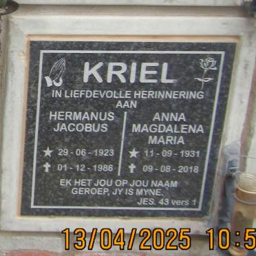 KRIEL Hermanus Jacobus 1923-1986 & Anna Magdalena Maria 1931-2018